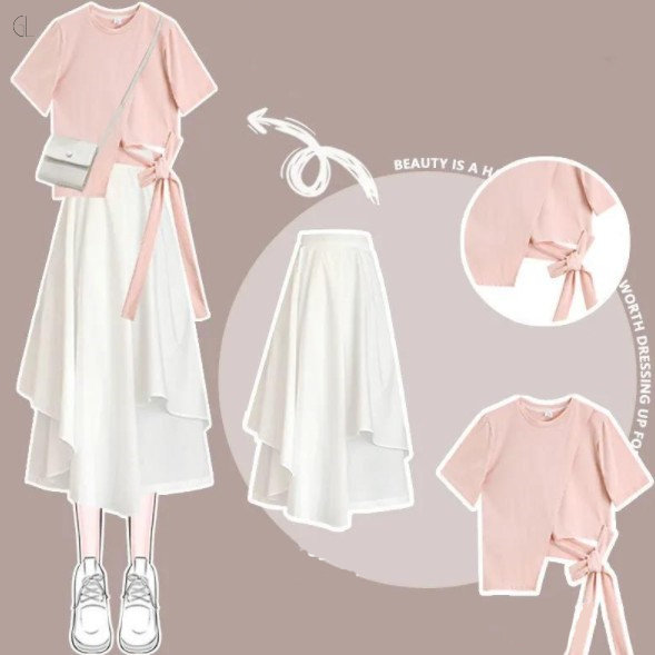 ピンク/Ｔシャツ+ホワイト/スカート