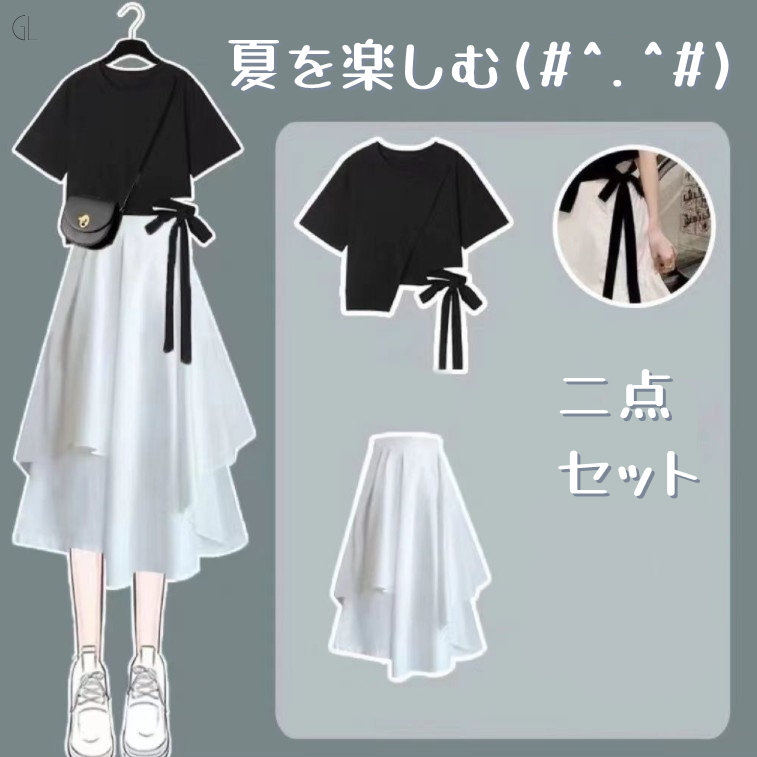 ブラック/Ｔシャツ+ホワイト/スカート