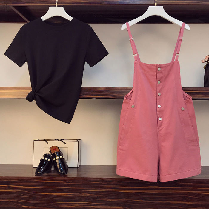 ブラック/Tシャツ+ピンク/サロペット