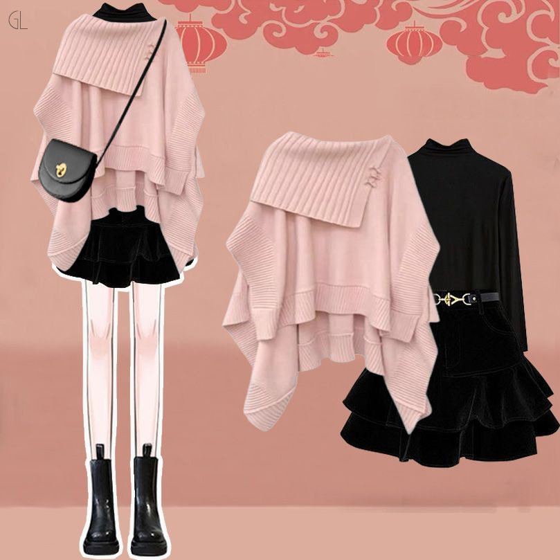ピンク/セーター+ブラック/カットソー+ブラック/スカート