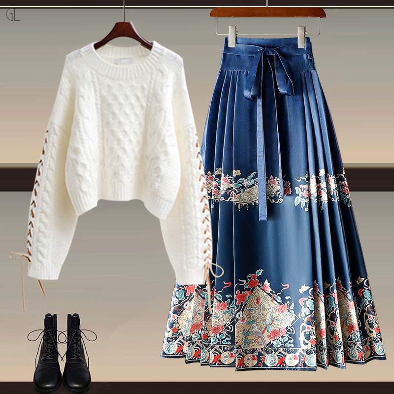 ホワイト/セーター+ブルー/スカート