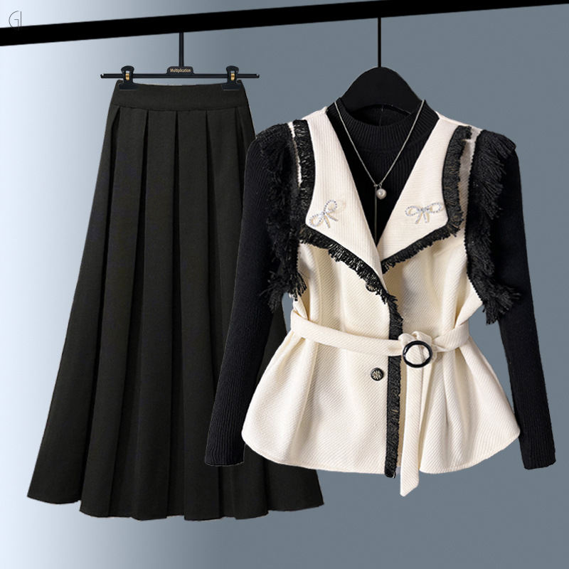 ホワイト/ベスト+ブラック/セーター+ブラック/スカート