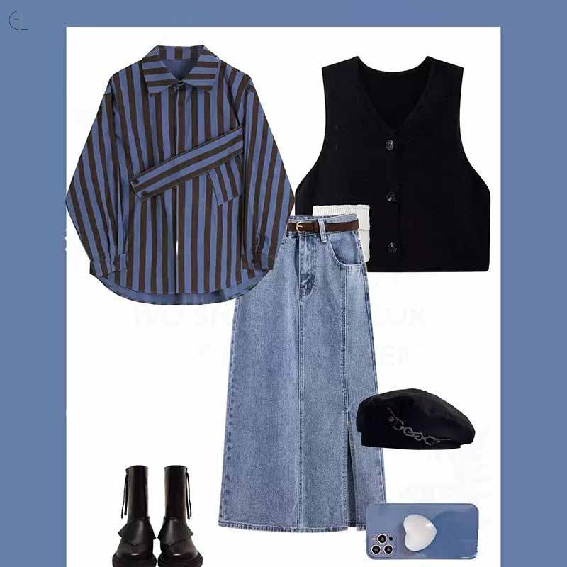 ブラック/ベスト+ブルー/シャツ+ブルー/スカート