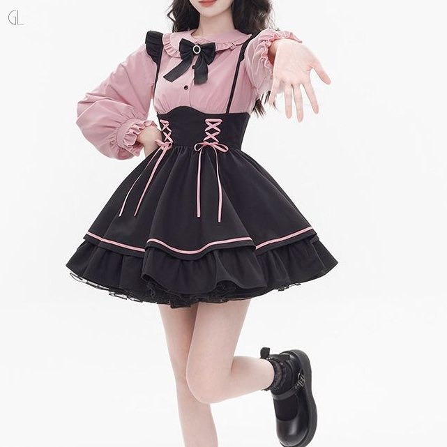 ピンク/長袖シャツ+ブラック/ジャンパースカート