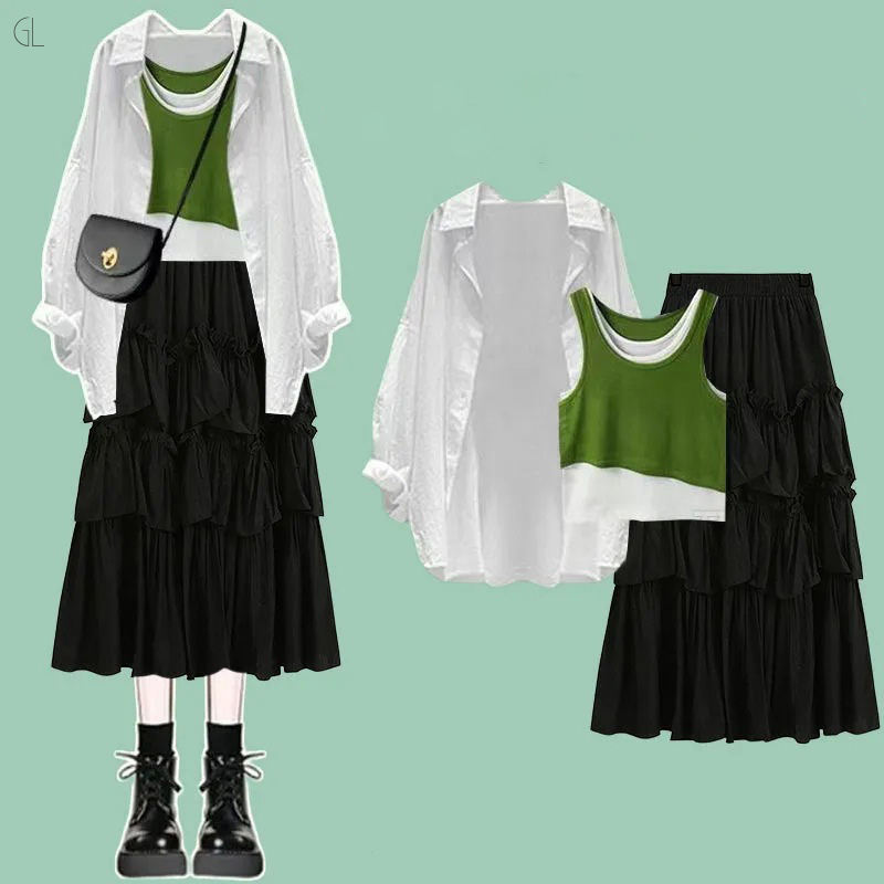 ホワイト/シャツ+グリーン/タンクトップ+ブラック/スカート