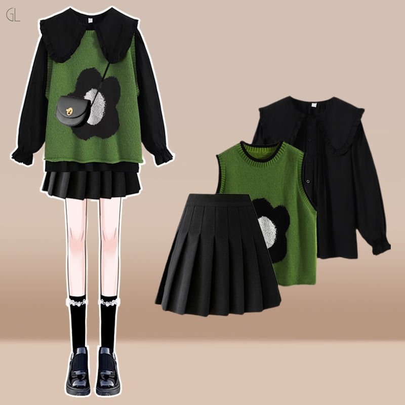 グリーン/ベスト+ブラック/シャツ＋ブラック/スカート