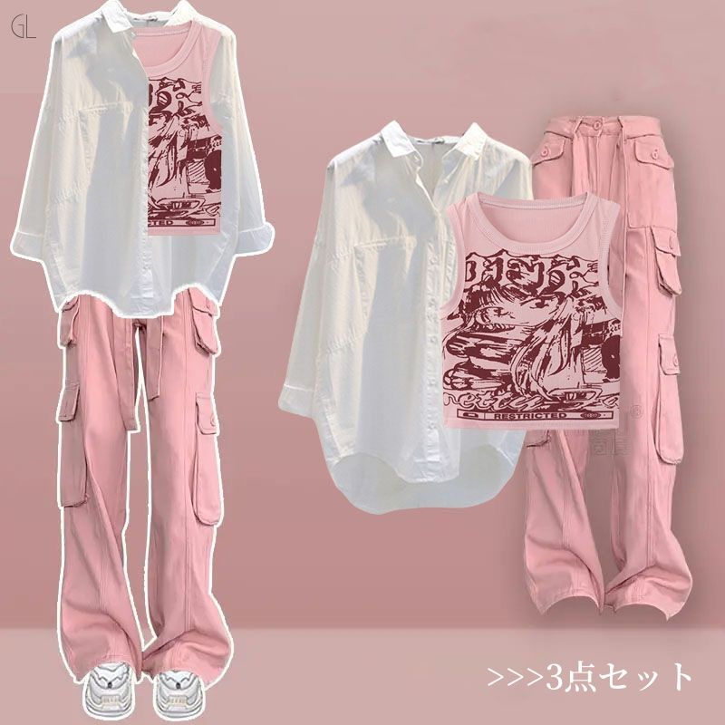 ホワイト/シャツ+ピンク/タンクトップ+ピンク/パンツ